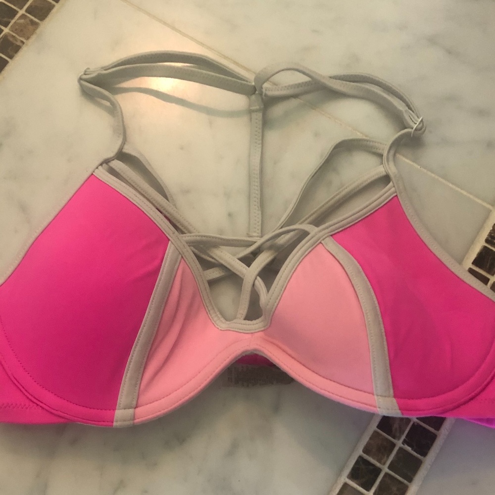 Pink and white bikini top